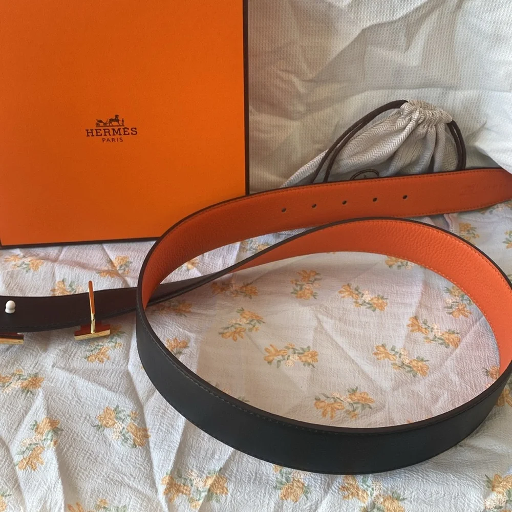 Double Sided Belt Metal Belt H Buckle Hermes Orange/Black